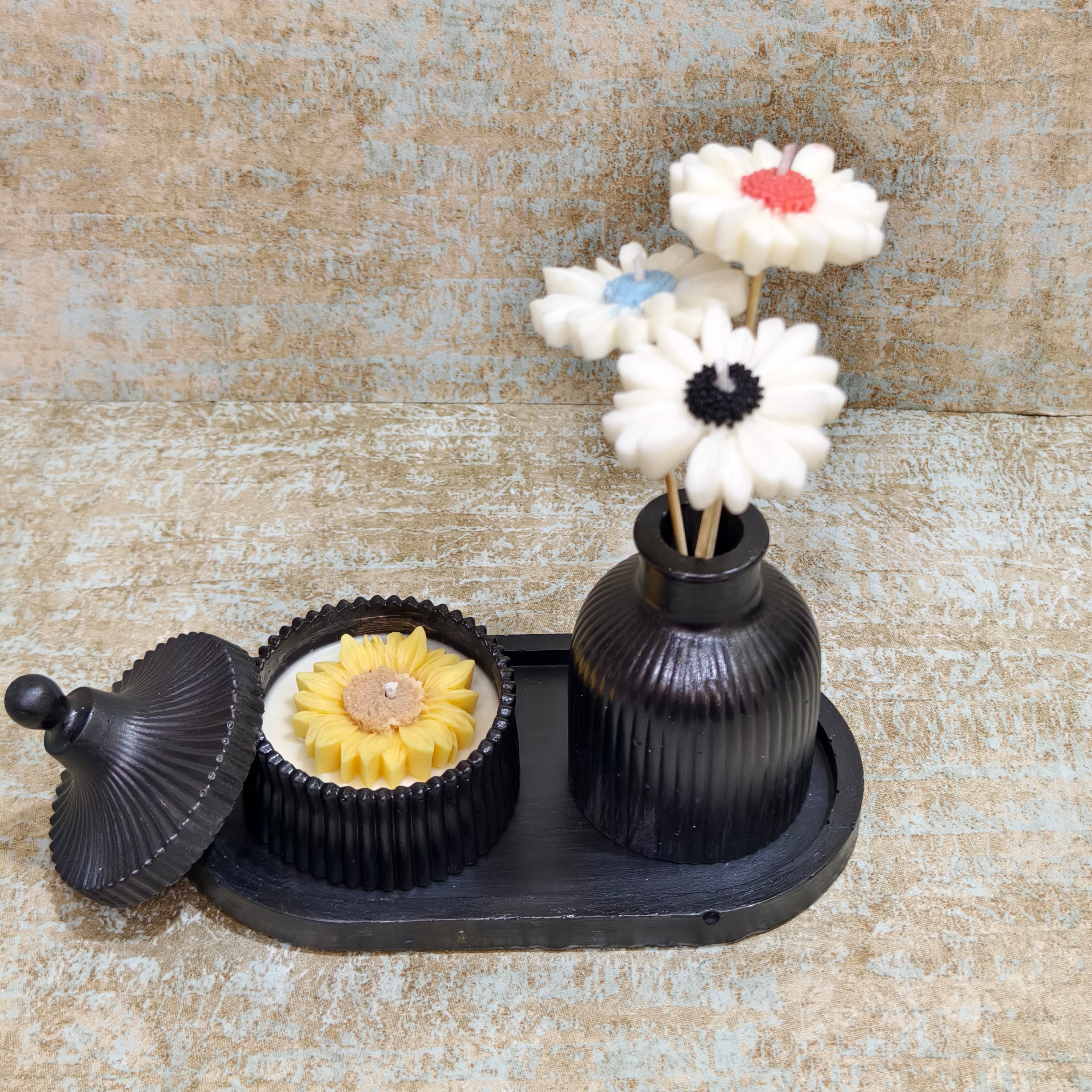 Elegant Black Ribbed Candle & Floral Gypsum Set