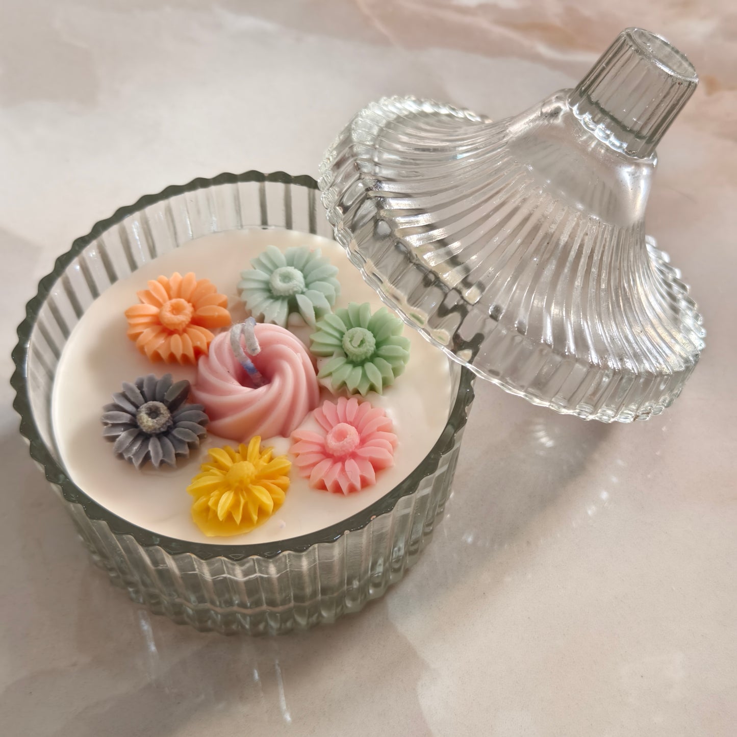 Elegant Floral Assorted Soy Candle in Ribbed Glass Jar