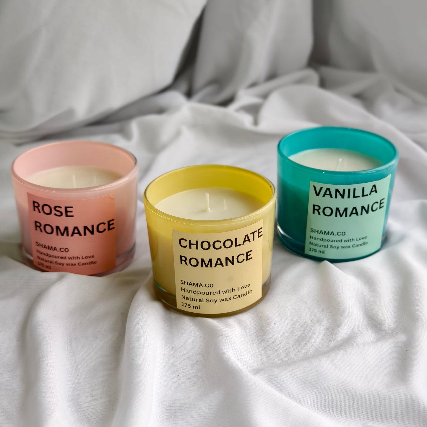 Romance Series Soy Wax Candles – Rose, Chocolate & Vanilla in Colorful Glasses