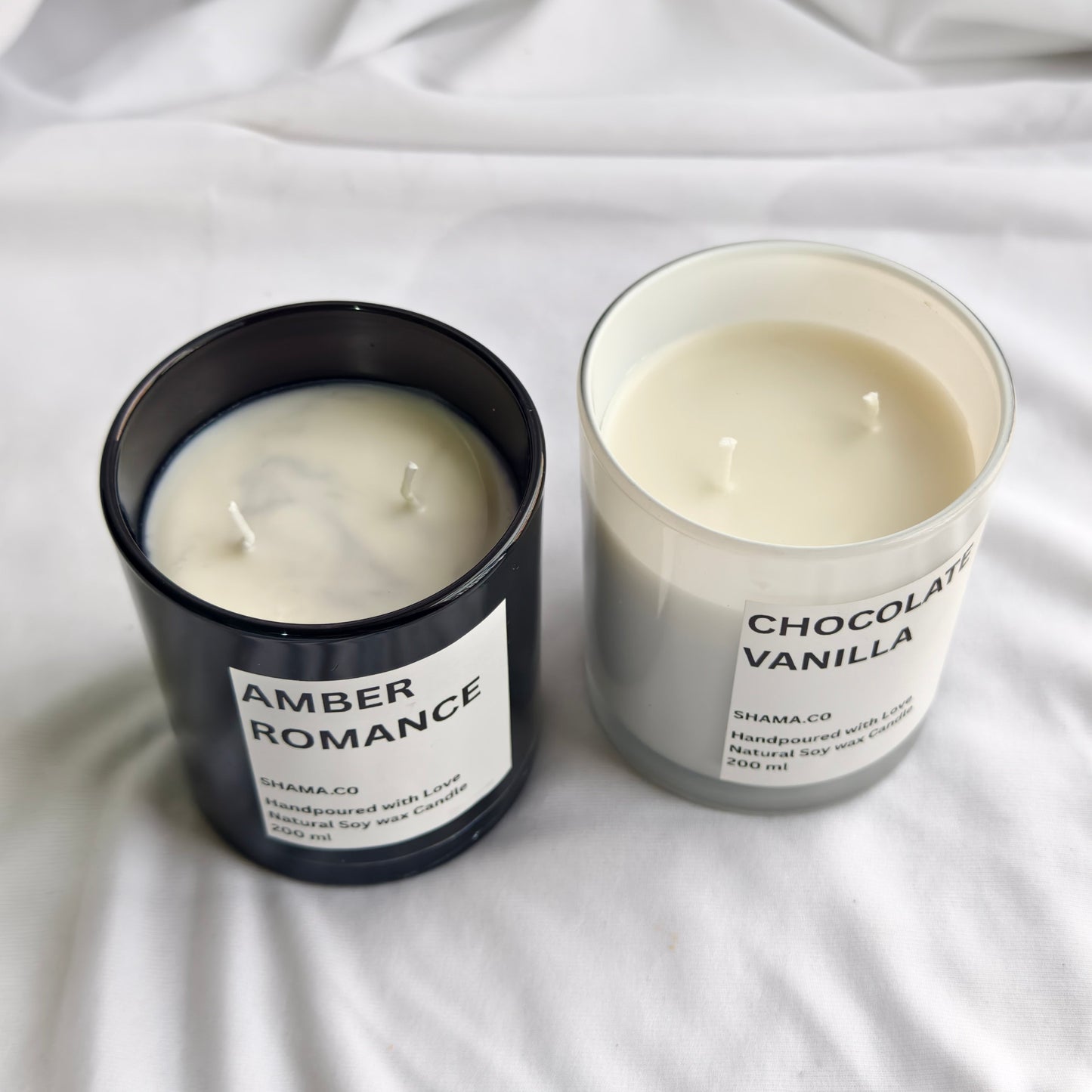 Amber Romance & Chocolate Vanilla Soy Candles – Classic Aromatherapy in Glass Jars