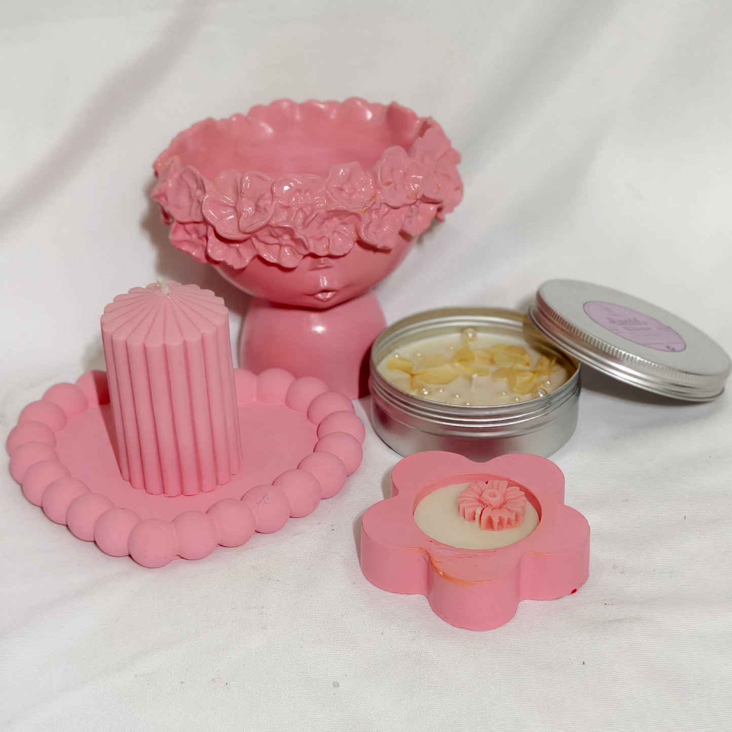 Pink Floral Candle & Gypsum Décor Combo Gift Set