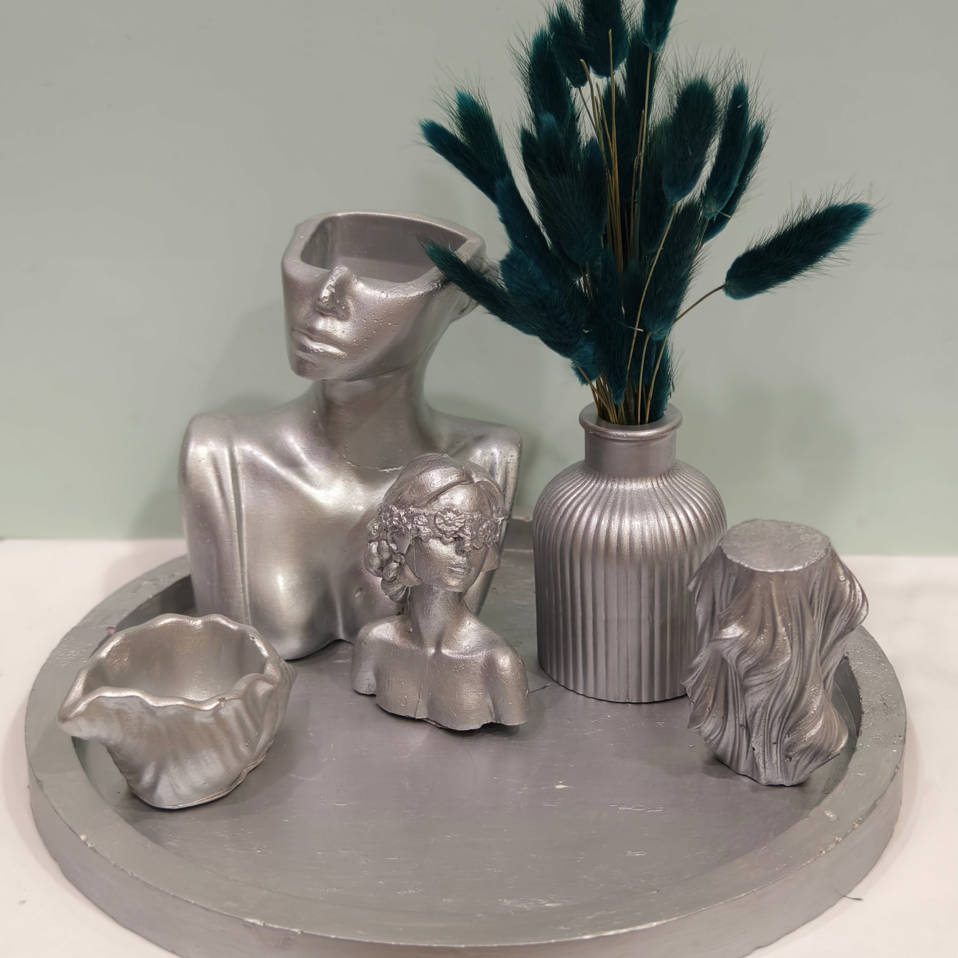 Celestial Silver Luxe Candle & Decor Ensemble with Azure Bloom Accents