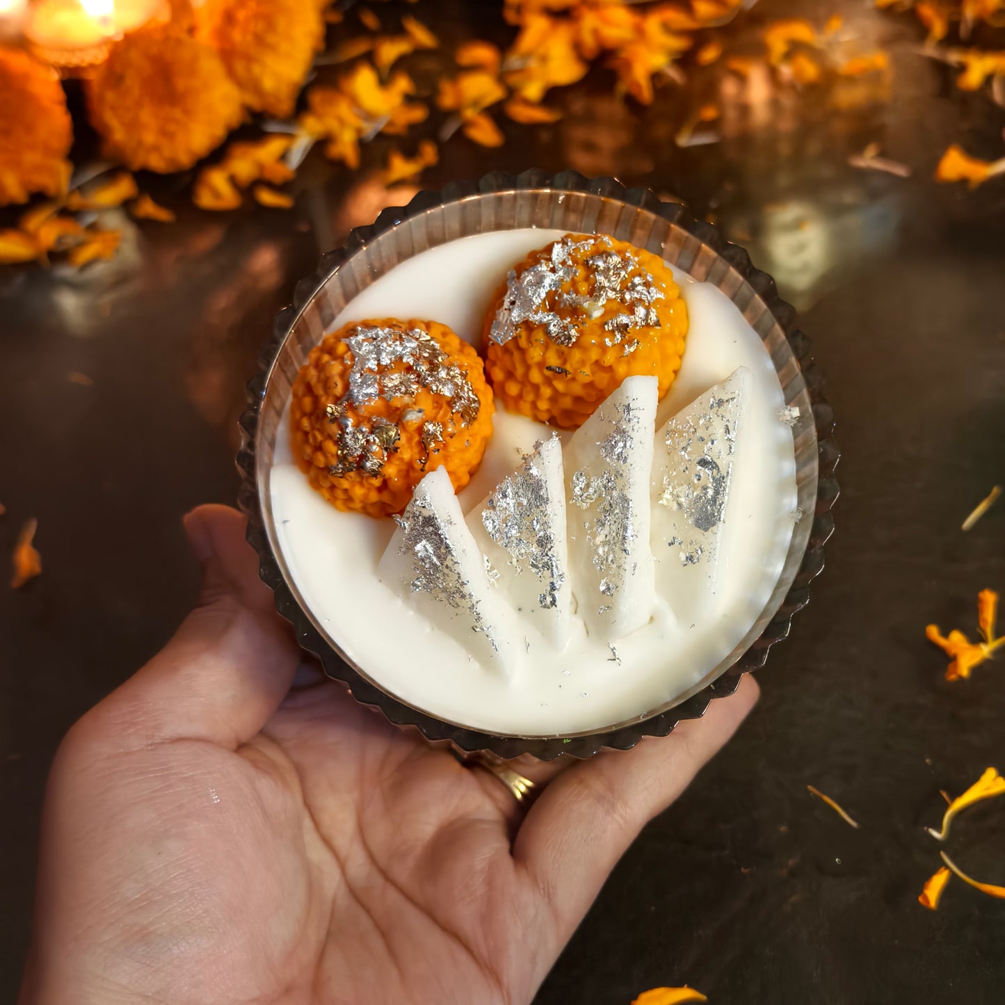 Handmade Sweet-Inspired Candle – Motichoor Laddu & Kaju Katli Design