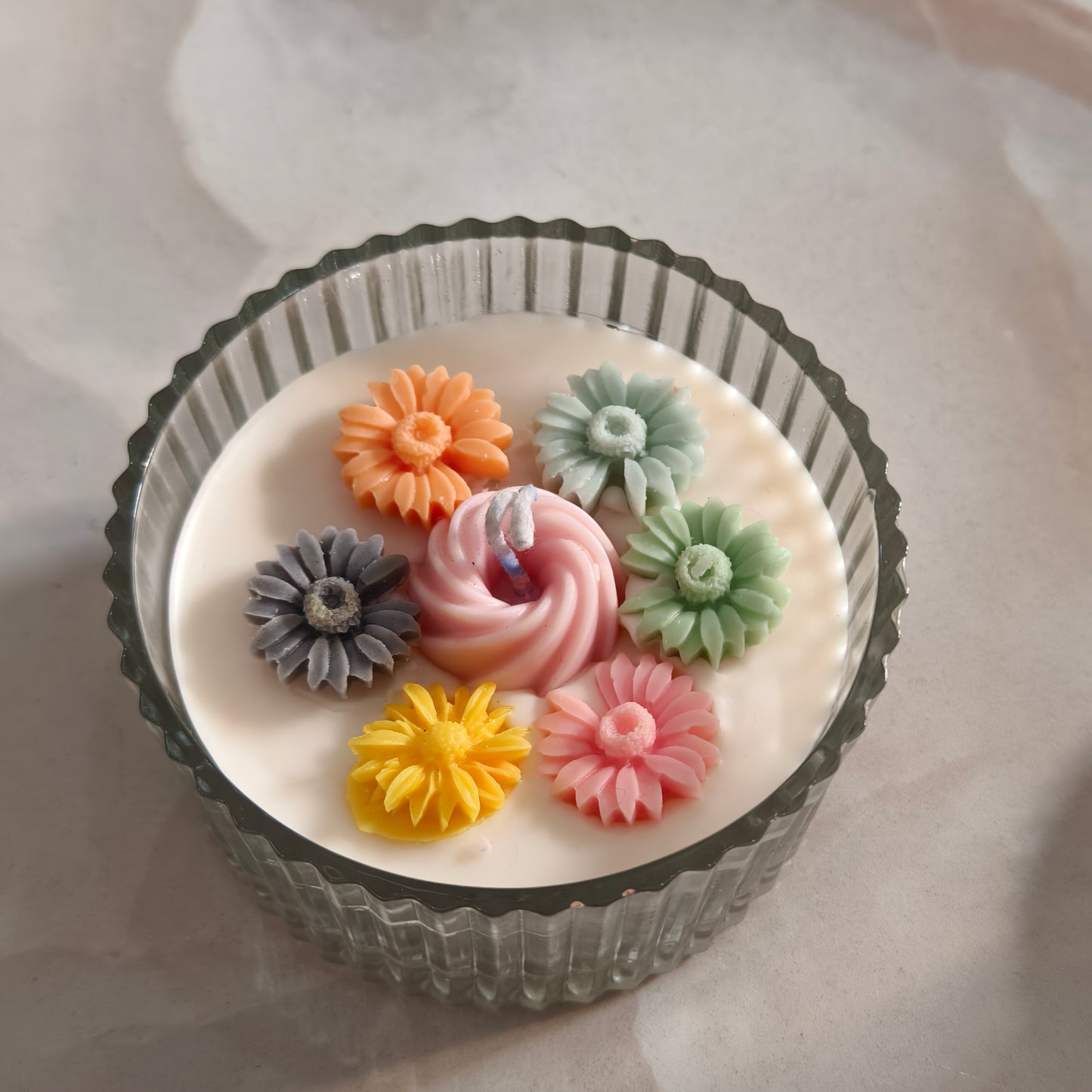 Elegant Floral Assorted Soy Candle in Ribbed Glass Jar