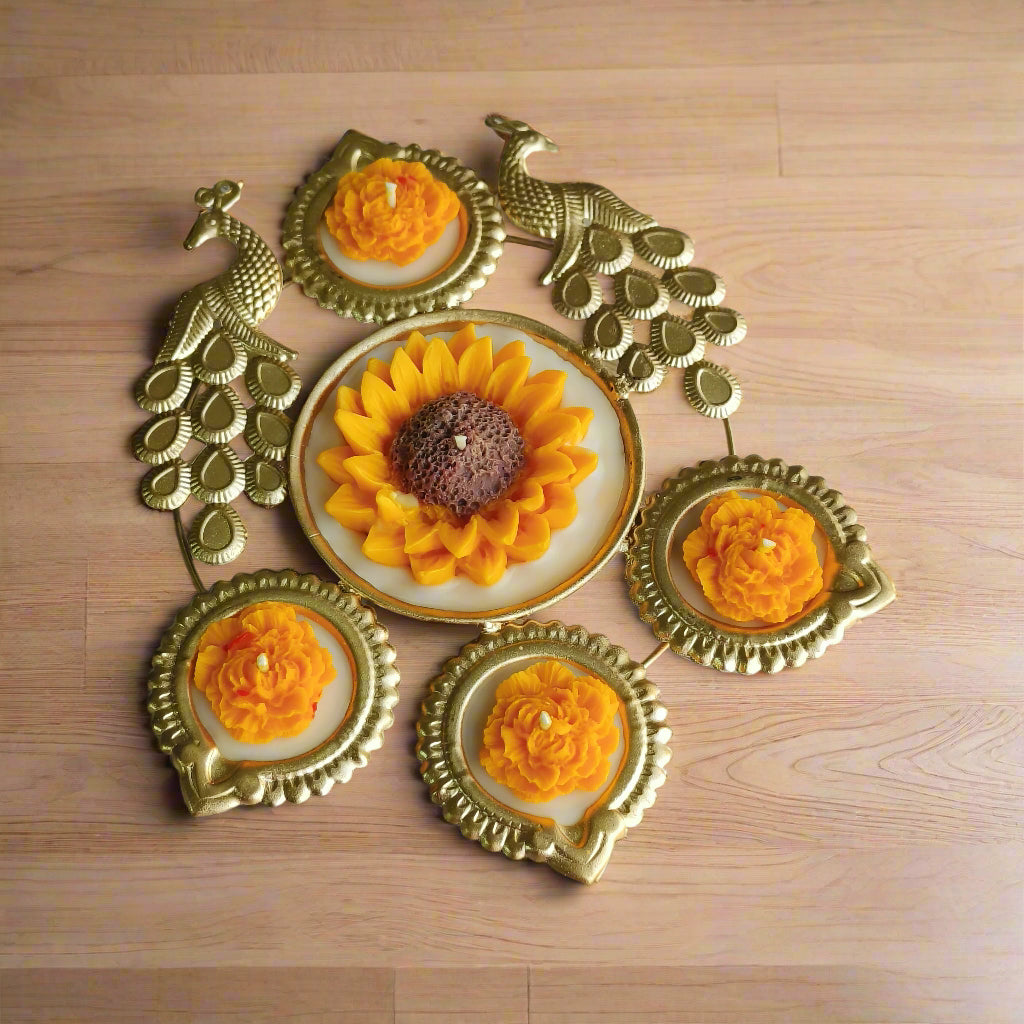 Peacock Radiance Urli Candle – Marigold & Sunflower Scented Delight