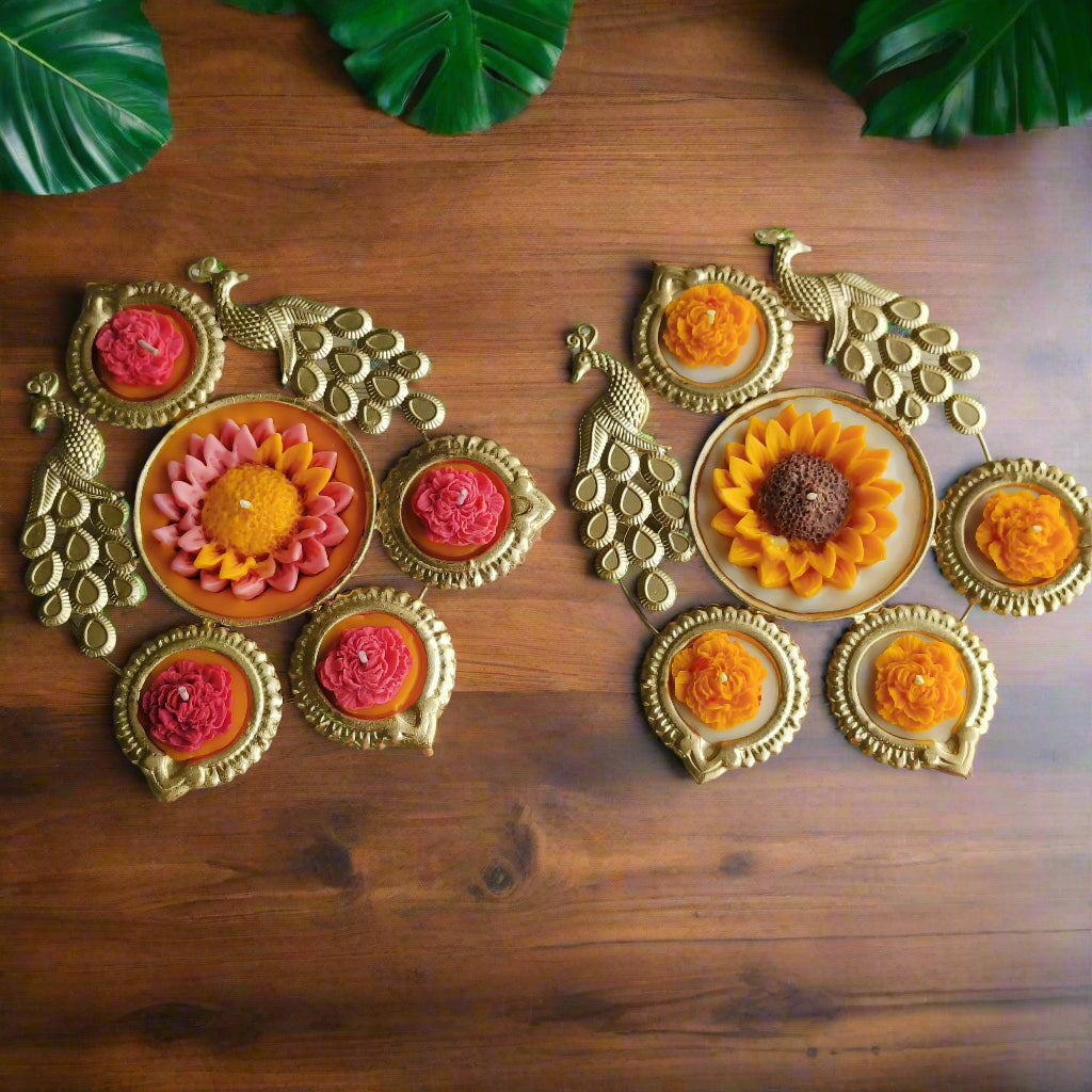 Peacock Radiance Urli Candle – Marigold & Sunflower Scented Delight