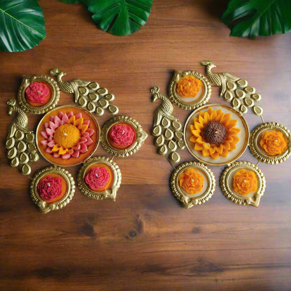 Peacock Radiance Urli Candle – Marigold & Sunflower Scented Delight