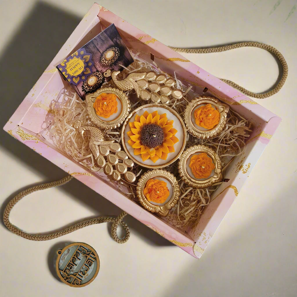 Peacock Radiance Urli Candle – Marigold & Sunflower Scented Delight