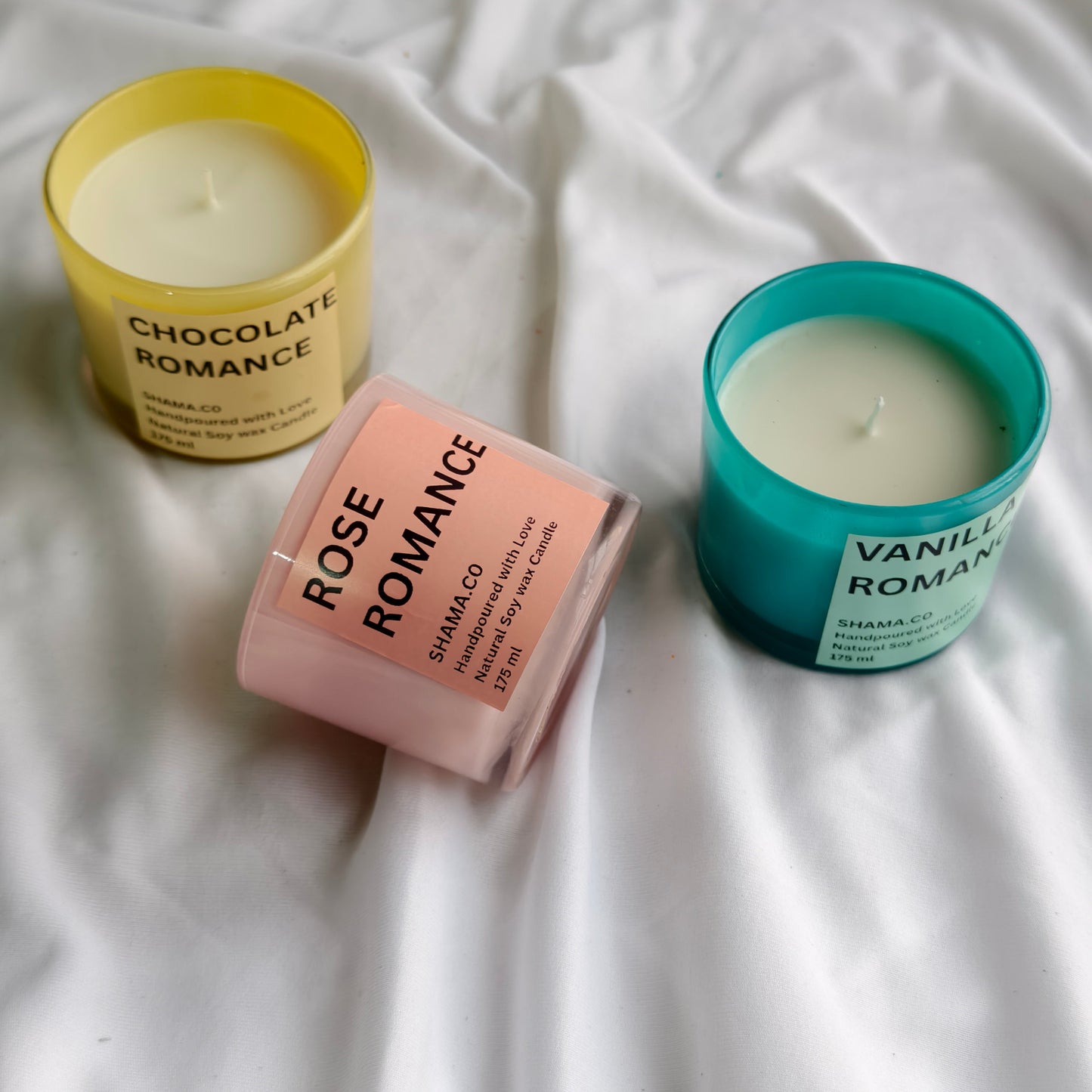 Romance Series Soy Wax Candles – Rose, Chocolate & Vanilla in Colorful Glasses