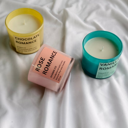 Romance Series Soy Wax Candles – Rose, Chocolate & Vanilla in Colorful Glasses