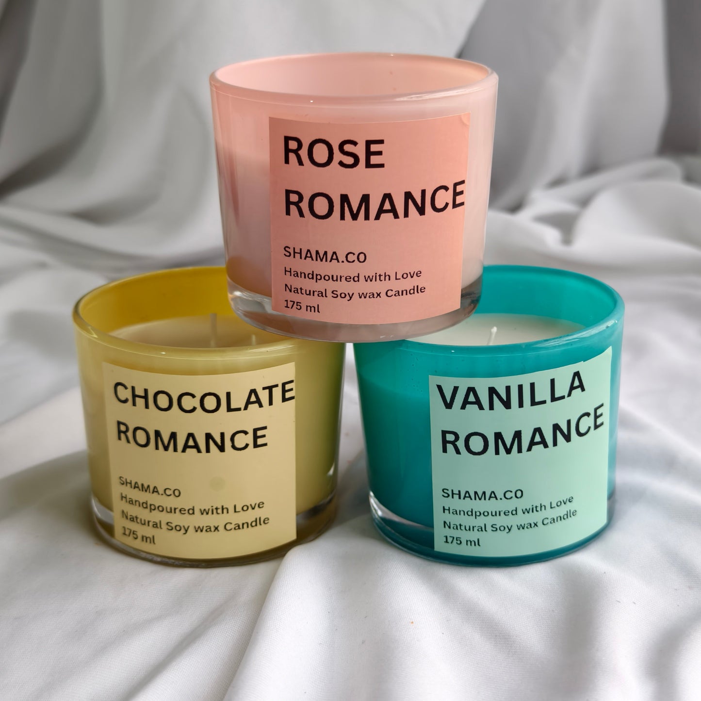 Romance Series Soy Wax Candles – Rose, Chocolate & Vanilla in Colorful Glasses
