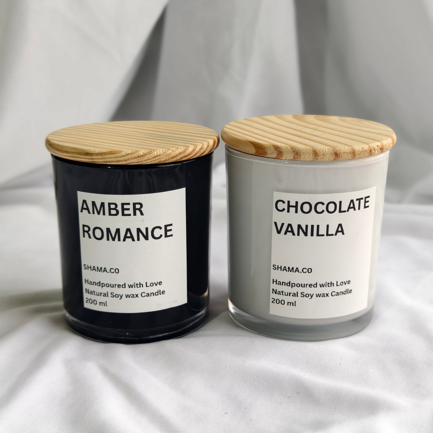 Amber Romance & Chocolate Vanilla Soy Candles – Classic Aromatherapy in Glass Jars