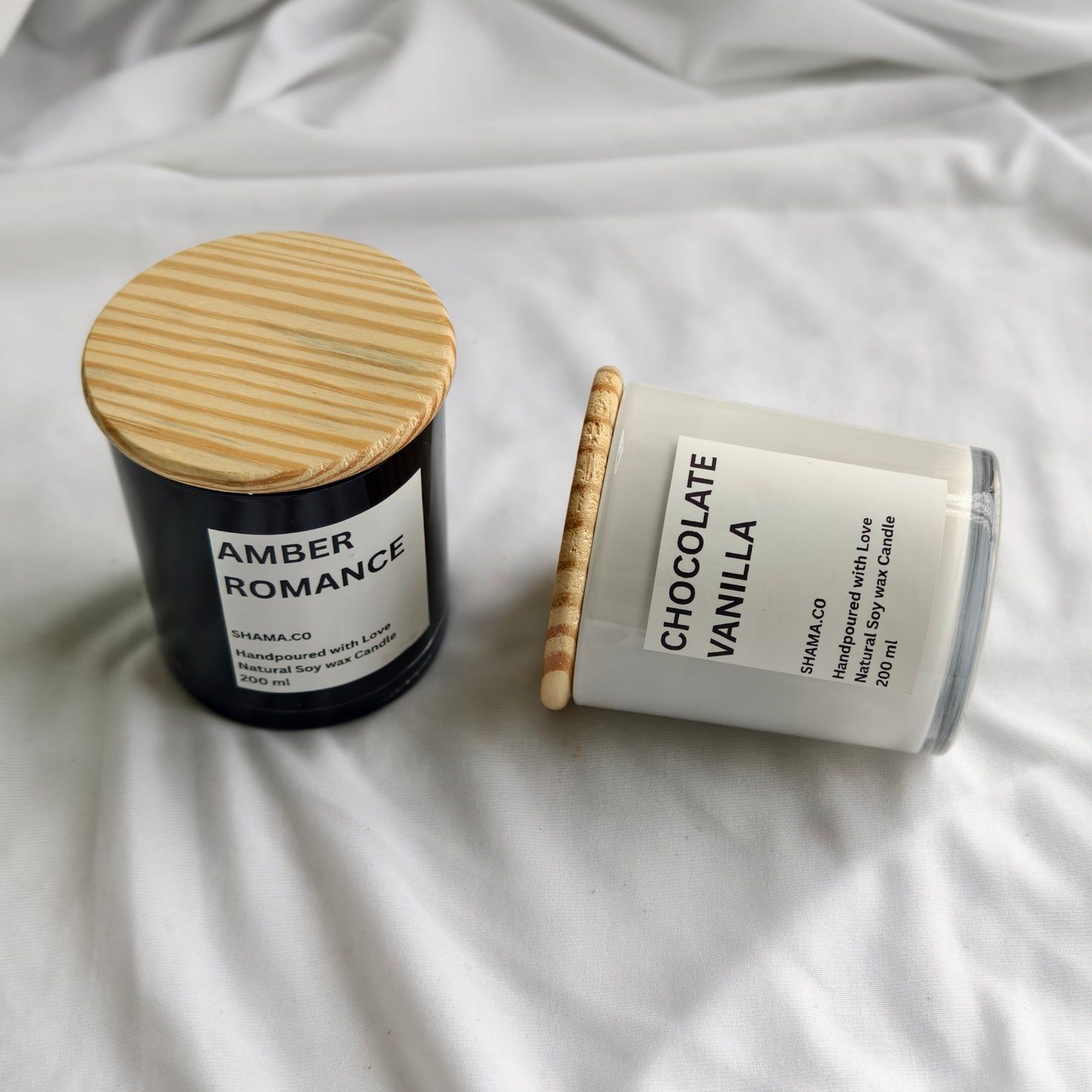 Amber Romance & Chocolate Vanilla Soy Candles – Classic Aromatherapy in Glass Jars