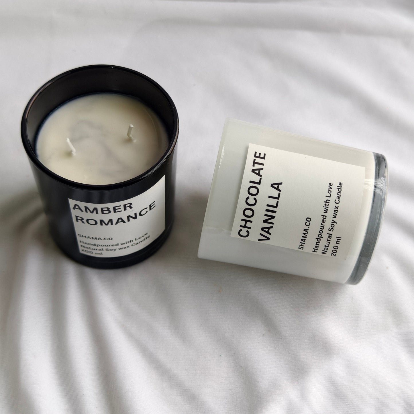 Amber Romance & Chocolate Vanilla Soy Candles – Classic Aromatherapy in Glass Jars