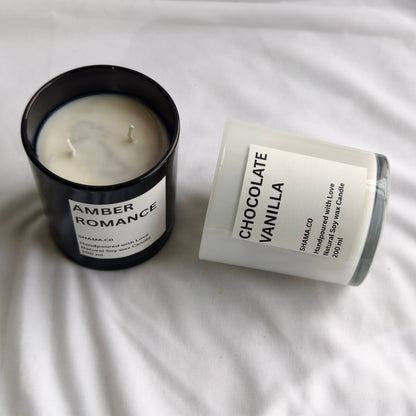 Amber Romance & Chocolate Vanilla Soy Candles – Classic Aromatherapy in Glass Jars