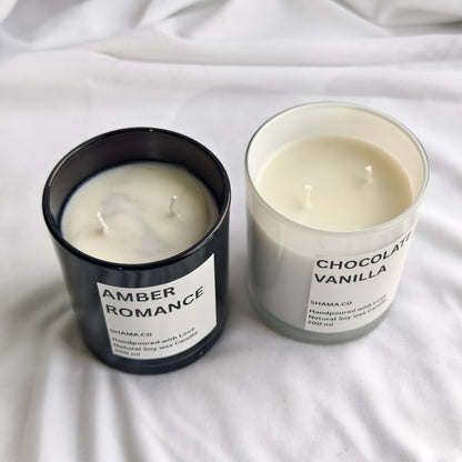 Amber Romance & Chocolate Vanilla Soy Candles – Classic Aromatherapy in Glass Jars