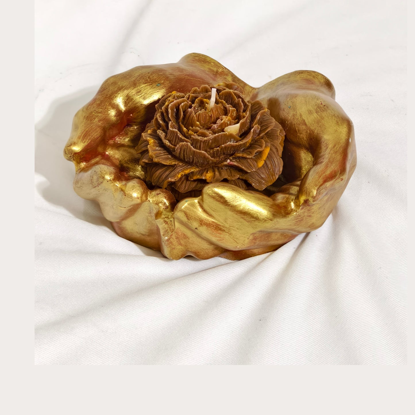 Golden Bloom Candle in Hand Sculpture