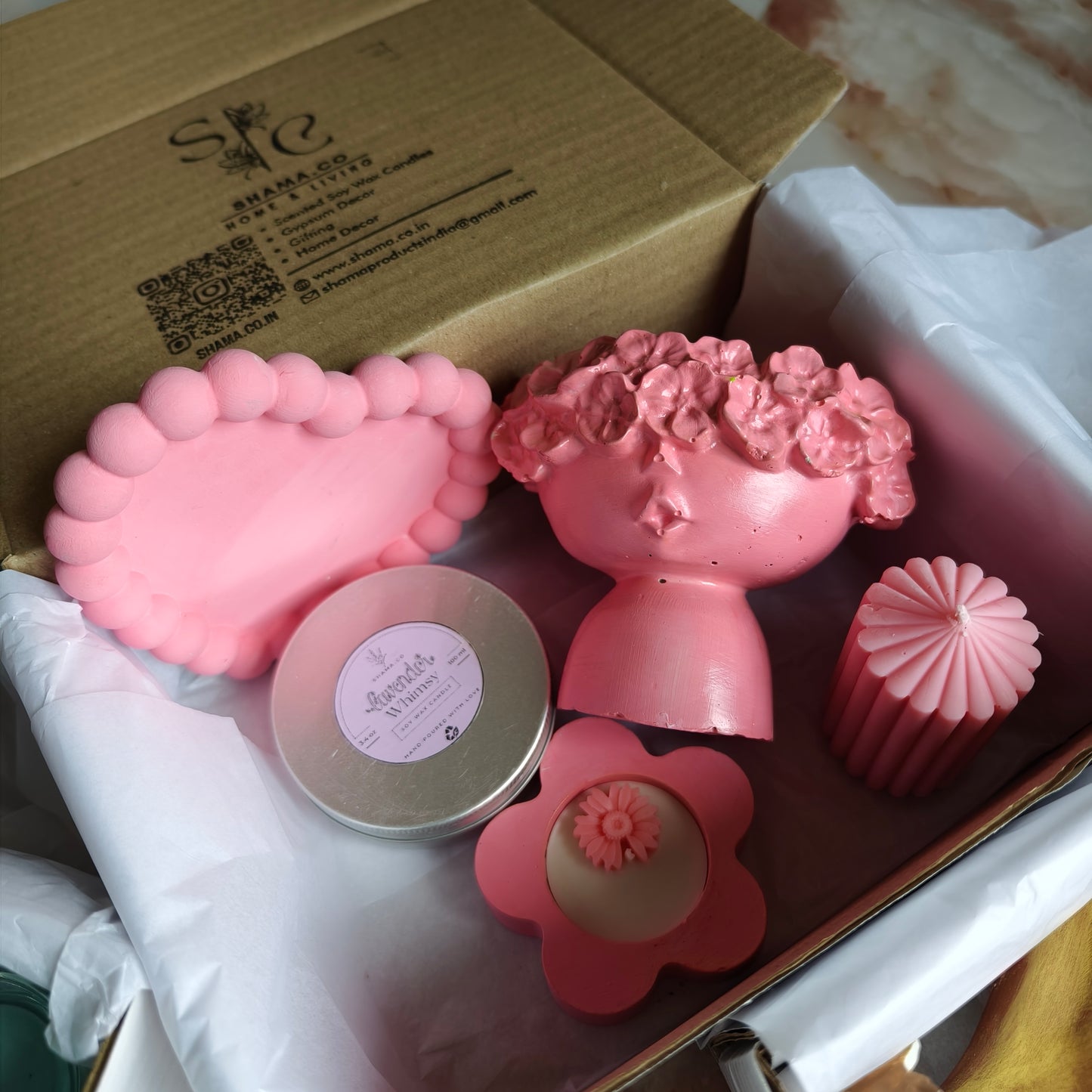Pink Floral Candle & Gypsum Décor Combo Gift Set