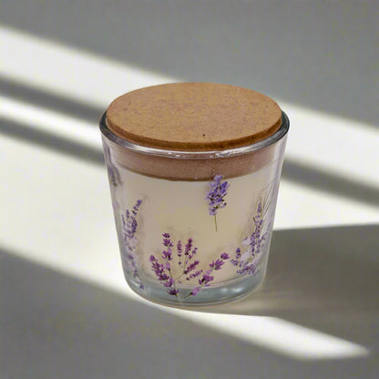 Botanical Bliss: Handmade Lavender Candle in Floral Glass Jar