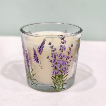 Botanical Bliss: Handmade Lavender Candle in Floral Glass Jar