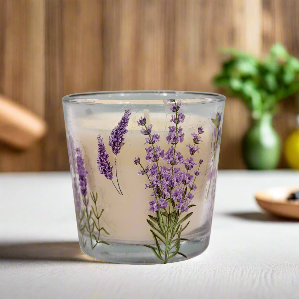 Botanical Bliss: Handmade Lavender Candle in Floral Glass Jar