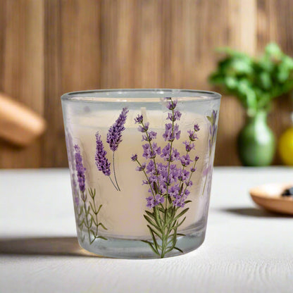 Botanical Bliss: Handmade Lavender Candle in Floral Glass Jar