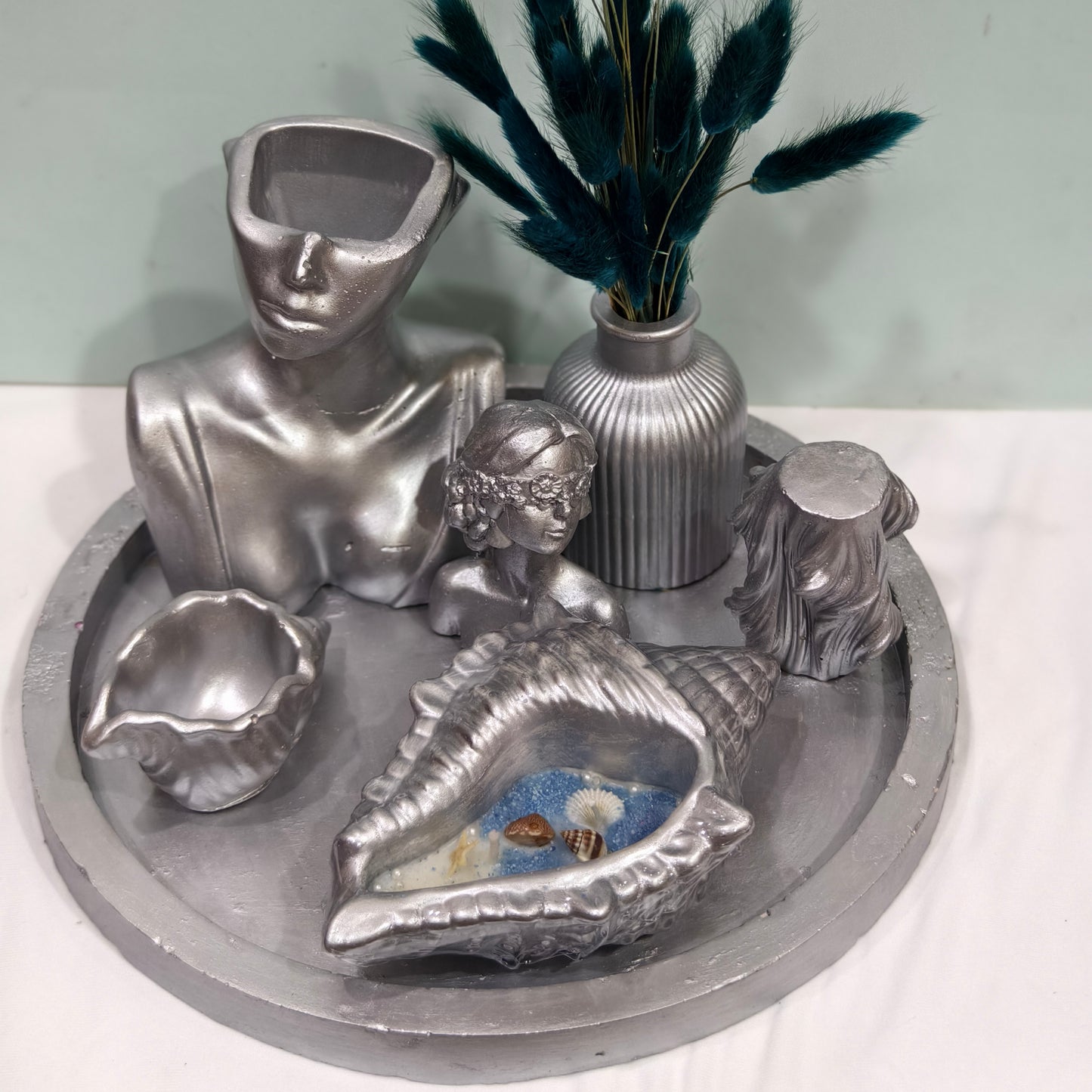 Celestial Silver Luxe Candle & Decor Ensemble with Azure Bloom Accents