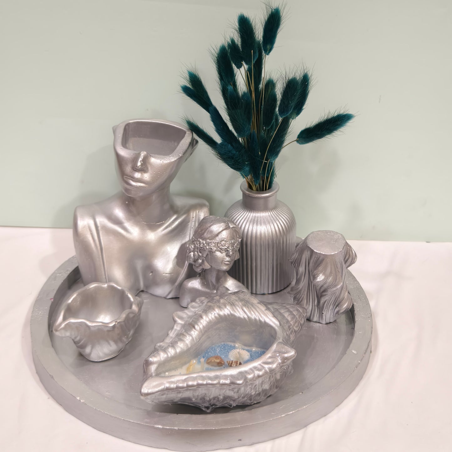 Celestial Silver Luxe Candle & Decor Ensemble with Azure Bloom Accents