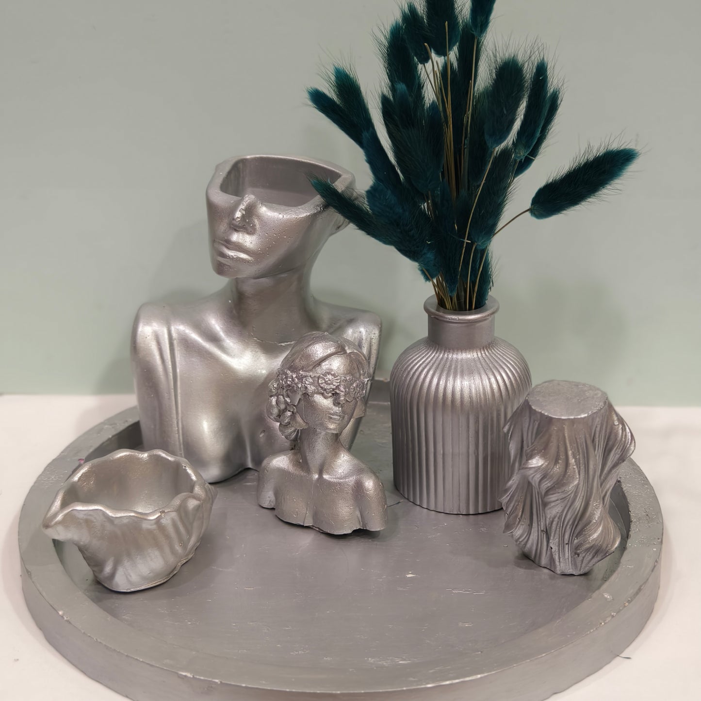 Celestial Silver Luxe Candle & Decor Ensemble with Azure Bloom Accents