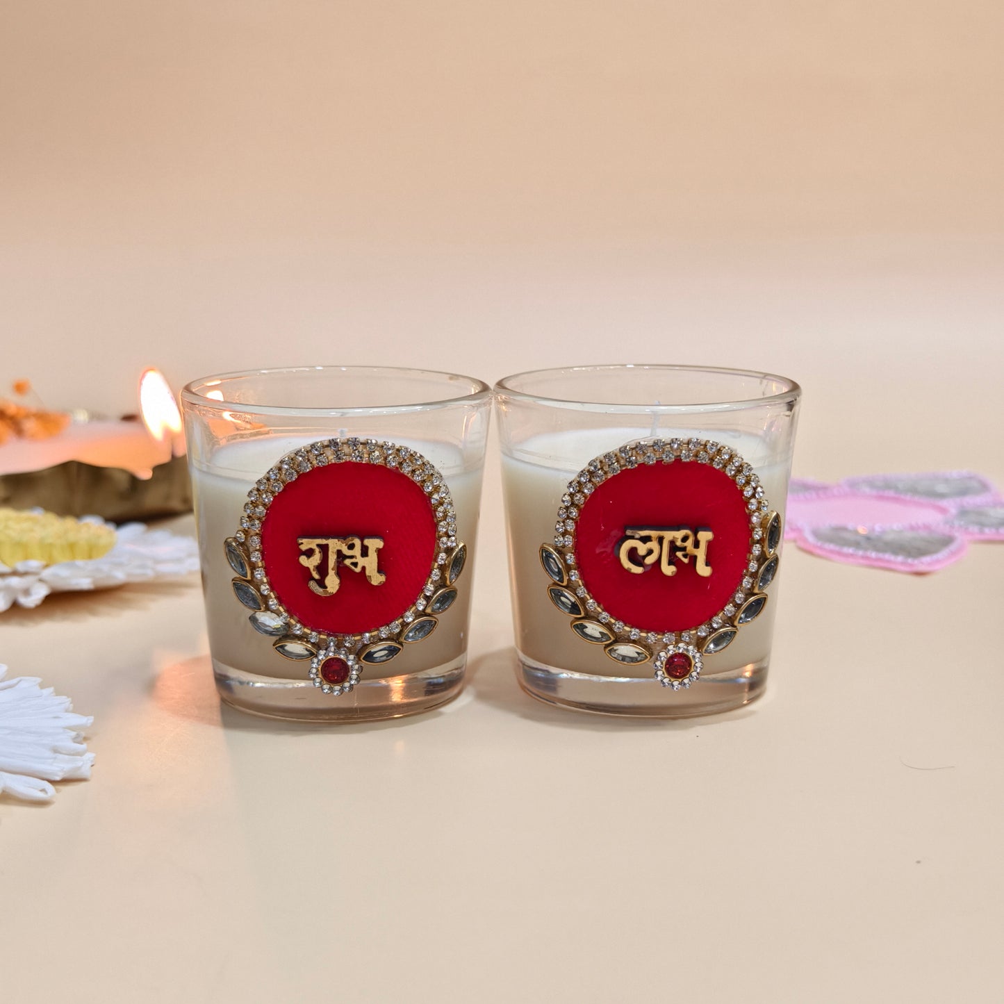 Handmade Shubh Labh Votive Candles – Festive Decor & Gifting Set of 2