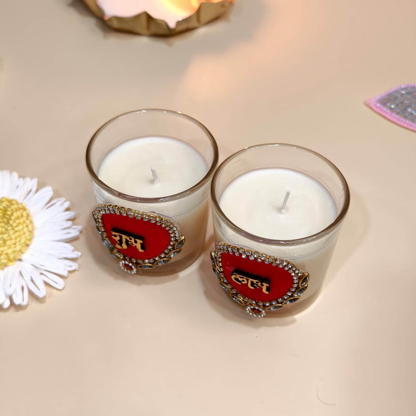 Handmade Shubh Labh Votive Candles – Festive Decor & Gifting Set of 2