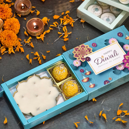 Festive Candle Gift Box – 2 Motichoor Laddu & a scented Urli